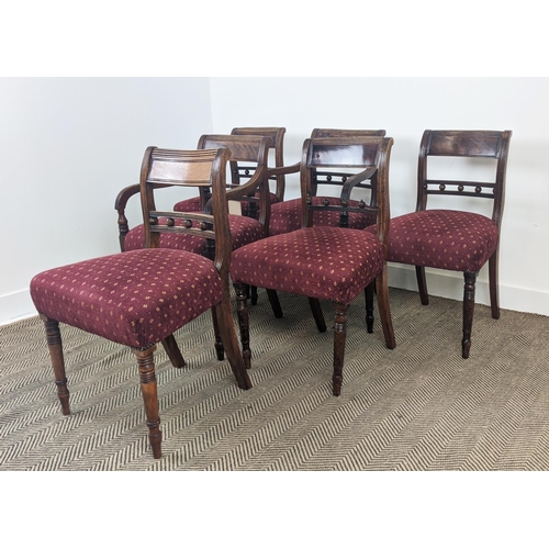 95 - DINING CHAIRS, a set of six, Regency mahogany including two armchairs with burgundy patterned stuffo... 