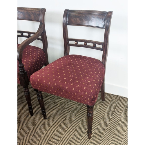 95 - DINING CHAIRS, a set of six, Regency mahogany including two armchairs with burgundy patterned stuffo... 