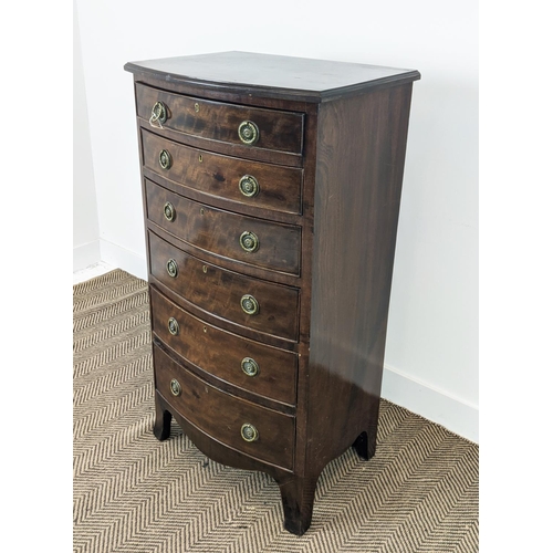 96 - BOWFRONT NARROW CHEST, early 20th century Georgian revival mahogany with six drawers, 115cm H x 61cm... 