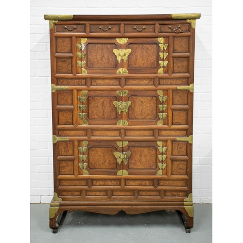 97 - CABINET ON STAND, 19th century Korean burr elm, elm and brass mounted with four drawers above six do... 