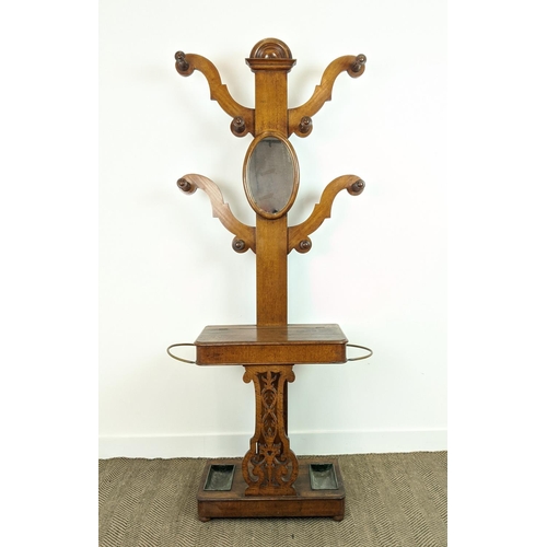 98 - HALL STAND, Victorian oak with mirror, hooks, glove compartment and drip trays, 197cm H x 87cm W x 3... 