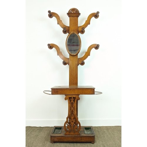 98 - HALL STAND, Victorian oak with mirror, hooks, glove compartment and drip trays, 197cm H x 87cm W x 3... 