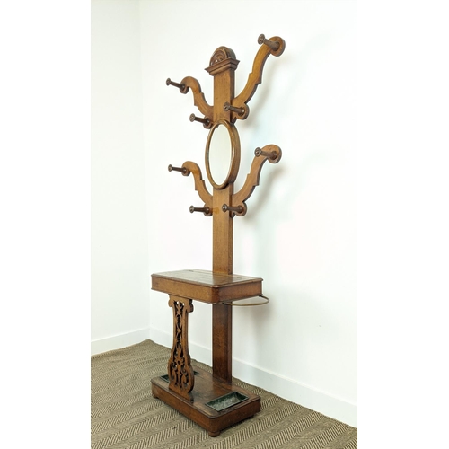 98 - HALL STAND, Victorian oak with mirror, hooks, glove compartment and drip trays, 197cm H x 87cm W x 3... 