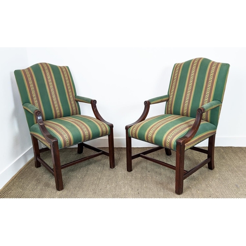 258 - GAINSBOROUGH STYLE ARMCHAIRS, a pair, mahogany in green Greek key striped fabric, 102cm H x 63cm. (2... 