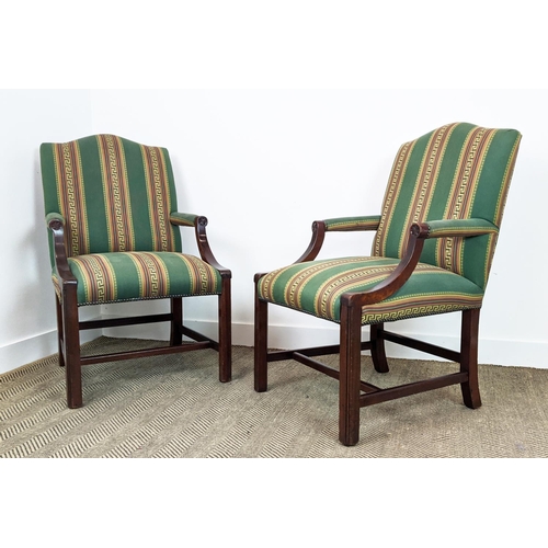 258 - GAINSBOROUGH STYLE ARMCHAIRS, a pair, mahogany in green Greek key striped fabric, 102cm H x 63cm. (2... 