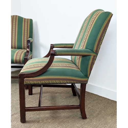 258 - GAINSBOROUGH STYLE ARMCHAIRS, a pair, mahogany in green Greek key striped fabric, 102cm H x 63cm. (2... 