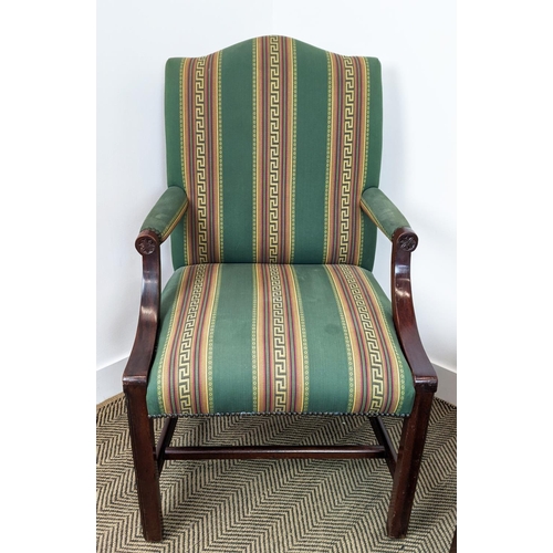 258 - GAINSBOROUGH STYLE ARMCHAIRS, a pair, mahogany in green Greek key striped fabric, 102cm H x 63cm. (2... 