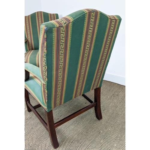 258 - GAINSBOROUGH STYLE ARMCHAIRS, a pair, mahogany in green Greek key striped fabric, 102cm H x 63cm. (2... 