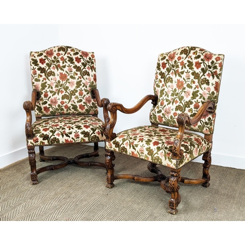 259 - FAUTEUILS, a pair, Louis XIV style walnut in floral cut velvet, 113cm H x 70cm. (2)