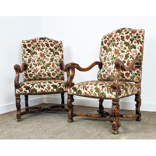 259 - FAUTEUILS, a pair, Louis XIV style walnut in floral cut velvet, 113cm H x 70cm. (2)