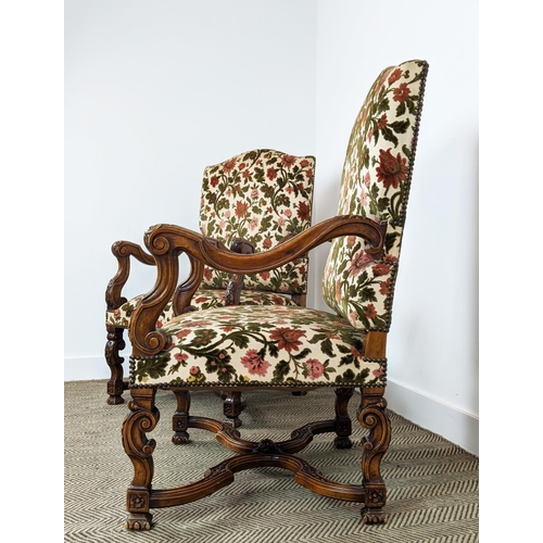 259 - FAUTEUILS, a pair, Louis XIV style walnut in floral cut velvet, 113cm H x 70cm. (2)