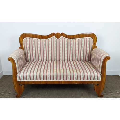 264 - SOFA, Biedermeier cherrywood and line inlaid with pink striped upholstery, 104cm H x 168cm x 68cm.