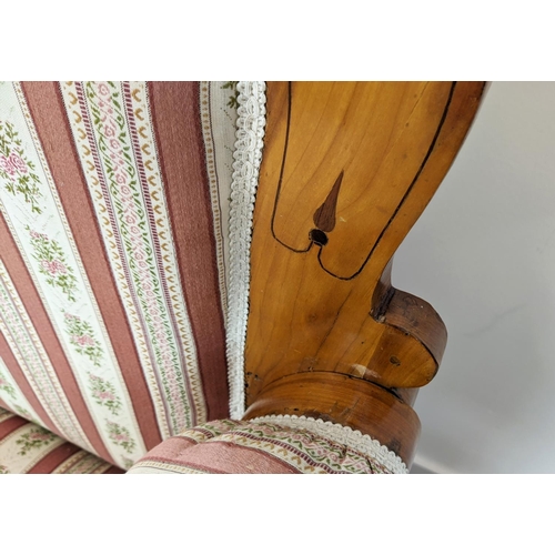 264 - SOFA, Biedermeier cherrywood and line inlaid with pink striped upholstery, 104cm H x 168cm x 68cm.