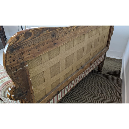 264 - SOFA, Biedermeier cherrywood and line inlaid with pink striped upholstery, 104cm H x 168cm x 68cm.