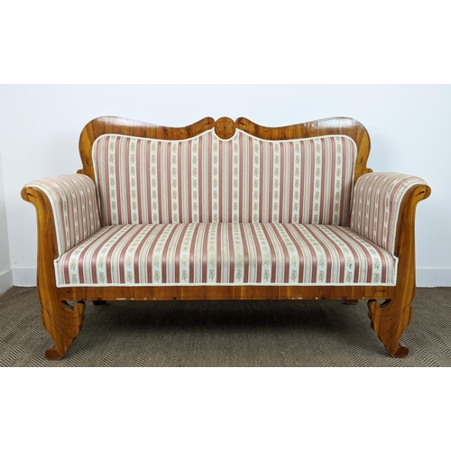 264 - SOFA, Biedermeier cherrywood and line inlaid with pink striped upholstery, 104cm H x 168cm x 68cm.