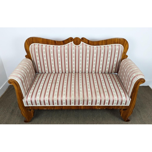 264 - SOFA, Biedermeier cherrywood and line inlaid with pink striped upholstery, 104cm H x 168cm x 68cm.