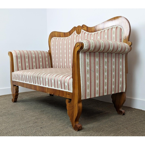 264 - SOFA, Biedermeier cherrywood and line inlaid with pink striped upholstery, 104cm H x 168cm x 68cm.