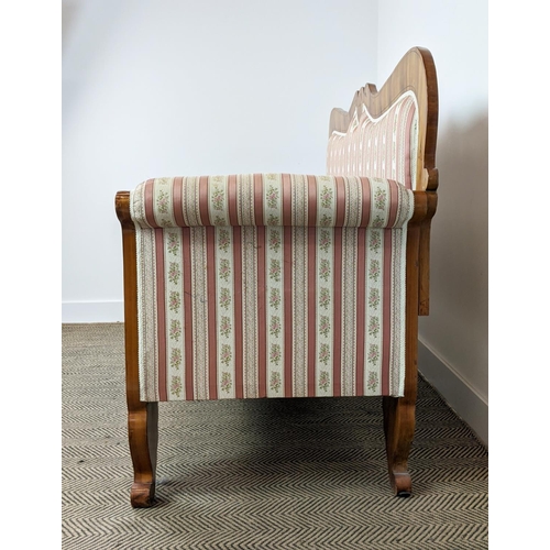 264 - SOFA, Biedermeier cherrywood and line inlaid with pink striped upholstery, 104cm H x 168cm x 68cm.