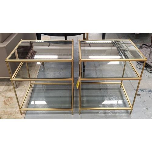 588 - SIDE TABLES, a pair, gilt metal, two glass under tiers and mirrored top to each, 55.5cm x 45.5cm x 6... 