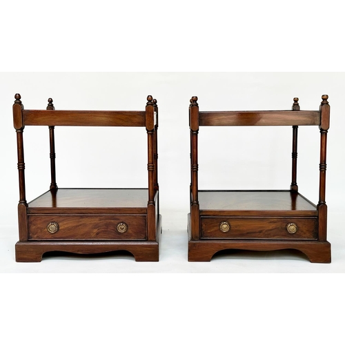 107 - LAMP TABLES, a pair, George III design mahogany each with drawer and two tiers, 59cm H x 46cm W x 46... 