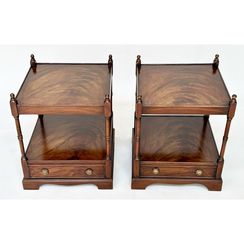 107 - LAMP TABLES, a pair, George III design mahogany each with drawer and two tiers, 59cm H x 46cm W x 46... 