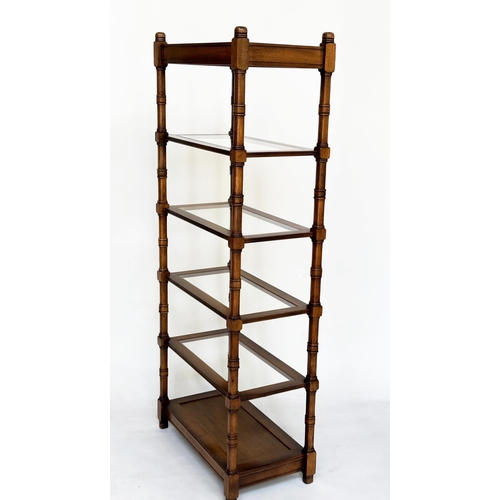 116 - DISPLAY STAND, walnut with glass shelves and cane panelled undertier, 77cm W x 41cm D x 184cm H.