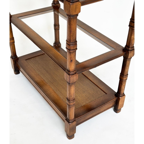 116 - DISPLAY STAND, walnut with glass shelves and cane panelled undertier, 77cm W x 41cm D x 184cm H.