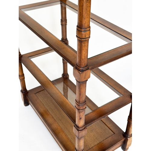 116 - DISPLAY STAND, walnut with glass shelves and cane panelled undertier, 77cm W x 41cm D x 184cm H.