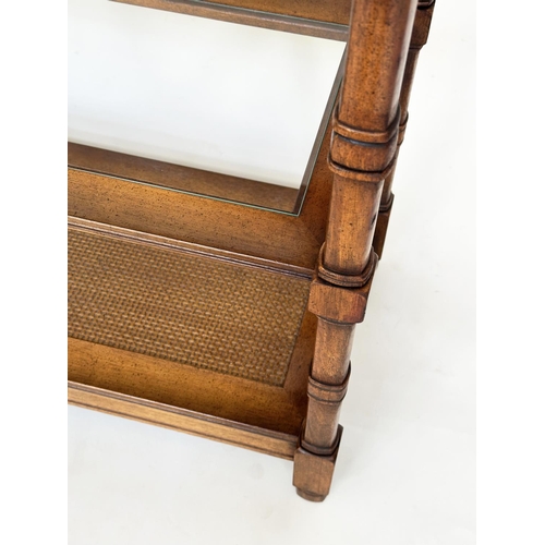 116 - DISPLAY STAND, walnut with glass shelves and cane panelled undertier, 77cm W x 41cm D x 184cm H.