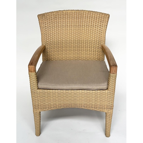 127 - TERRACE/GARDEN ARMCHAIRS BY GLOSTER, a pair, all weather rattan woven and teak framed with cushions,... 