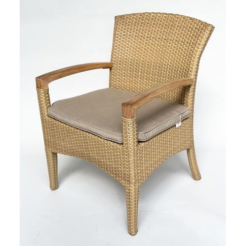 127 - TERRACE/GARDEN ARMCHAIRS BY GLOSTER, a pair, all weather rattan woven and teak framed with cushions,... 