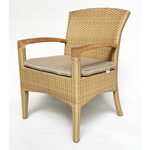 127 - TERRACE/GARDEN ARMCHAIRS BY GLOSTER, a pair, all weather rattan woven and teak framed with cushions,... 