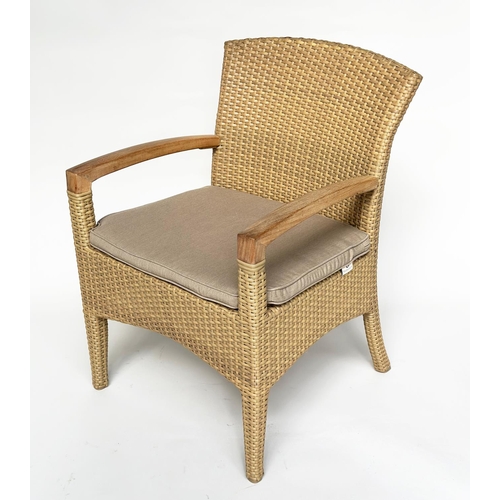 127 - TERRACE/GARDEN ARMCHAIRS BY GLOSTER, a pair, all weather rattan woven and teak framed with cushions,... 