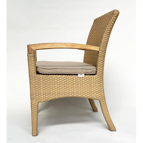 127 - TERRACE/GARDEN ARMCHAIRS BY GLOSTER, a pair, all weather rattan woven and teak framed with cushions,... 