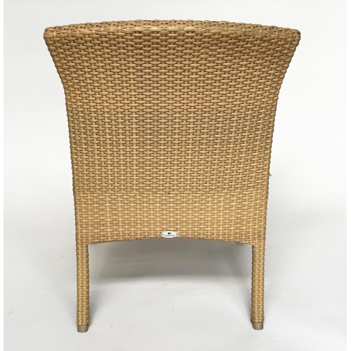 127 - TERRACE/GARDEN ARMCHAIRS BY GLOSTER, a pair, all weather rattan woven and teak framed with cushions,... 