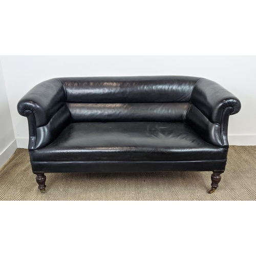 156 - CHESTERFIELD SOFA, Victorian mahogany in black leather on ceramic castors, 76cm H x 157cm x 82cm.