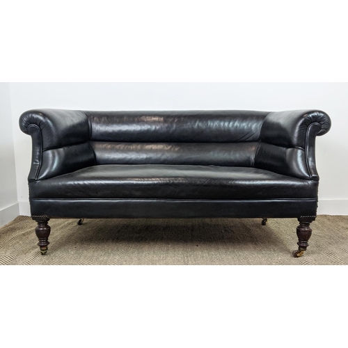 156 - CHESTERFIELD SOFA, Victorian mahogany in black leather on ceramic castors, 76cm H x 157cm x 82cm.