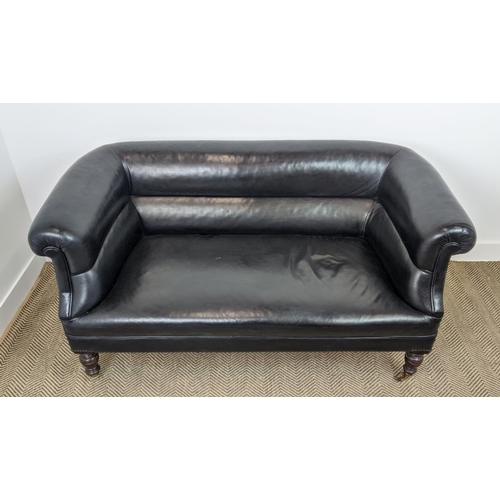 156 - CHESTERFIELD SOFA, Victorian mahogany in black leather on ceramic castors, 76cm H x 157cm x 82cm.