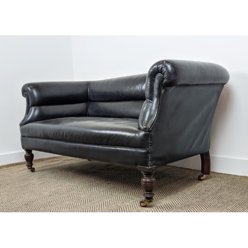 156 - CHESTERFIELD SOFA, Victorian mahogany in black leather on ceramic castors, 76cm H x 157cm x 82cm.