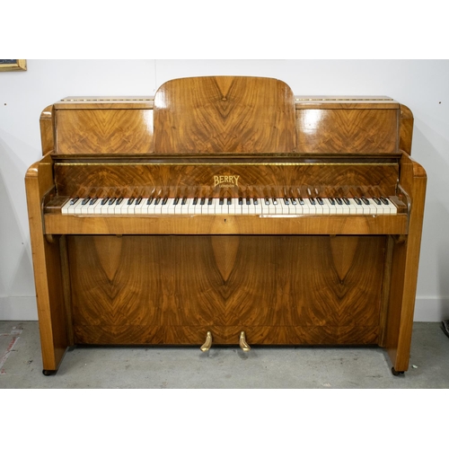 157 - UPRIGHT PIANO, by Berry of London, Art Deco walnut cased, 101cm H x 136cm x 49cm.