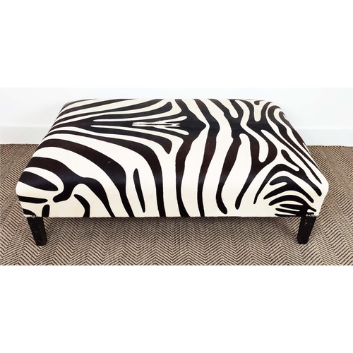 171 - HEARTH STOOL, rectangular zebra skin on ebonised legs, 40cm H x 120cm x 76cm.