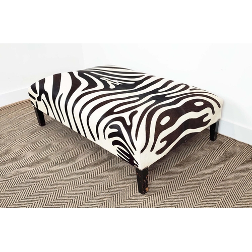 171 - HEARTH STOOL, rectangular zebra skin on ebonised legs, 40cm H x 120cm x 76cm.