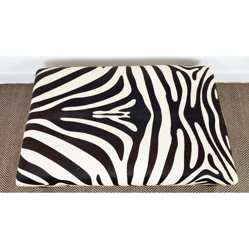 171 - HEARTH STOOL, rectangular zebra skin on ebonised legs, 40cm H x 120cm x 76cm.