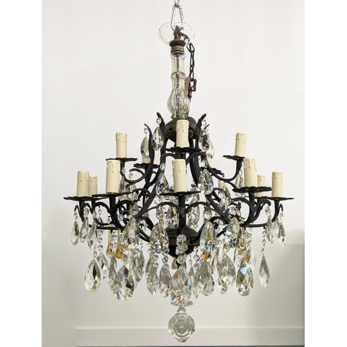 174 - CHANDELIER, patinated metal with clear and amber glass drops from fifteen lights, 60cm W x 114cm H, ... 