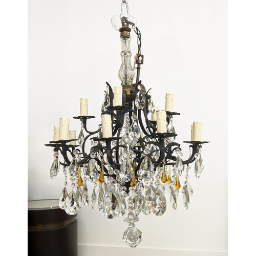 174 - CHANDELIER, patinated metal with clear and amber glass drops from fifteen lights, 60cm W x 114cm H, ... 