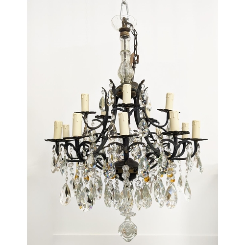 174 - CHANDELIER, patinated metal with clear and amber glass drops from fifteen lights, 60cm W x 114cm H, ... 