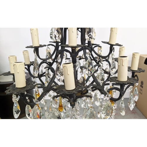 174 - CHANDELIER, patinated metal with clear and amber glass drops from fifteen lights, 60cm W x 114cm H, ... 