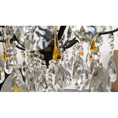 174 - CHANDELIER, patinated metal with clear and amber glass drops from fifteen lights, 60cm W x 114cm H, ... 