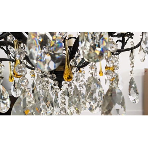 174 - CHANDELIER, patinated metal with clear and amber glass drops from fifteen lights, 60cm W x 114cm H, ... 