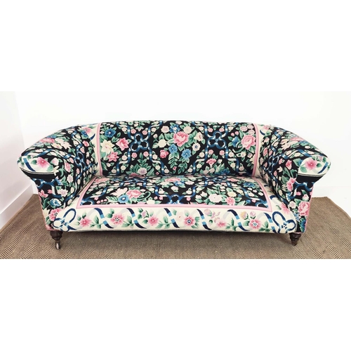 191 - CHESTERFIELD SOFA, Victorian mahogany in floral and ribbon needlework and pink velvet upholstery on ... 